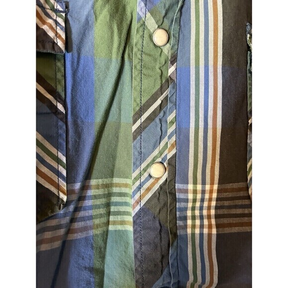 Lucky Brand Western Shirt Mens XL Blue Green Plaid Pearl Snap Cowboy Sportswear - Picture 3 of 8